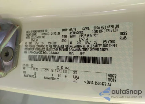 2016 Ford Escape Se from USA, damaged, VIN 1FMCU0G73GUC78443